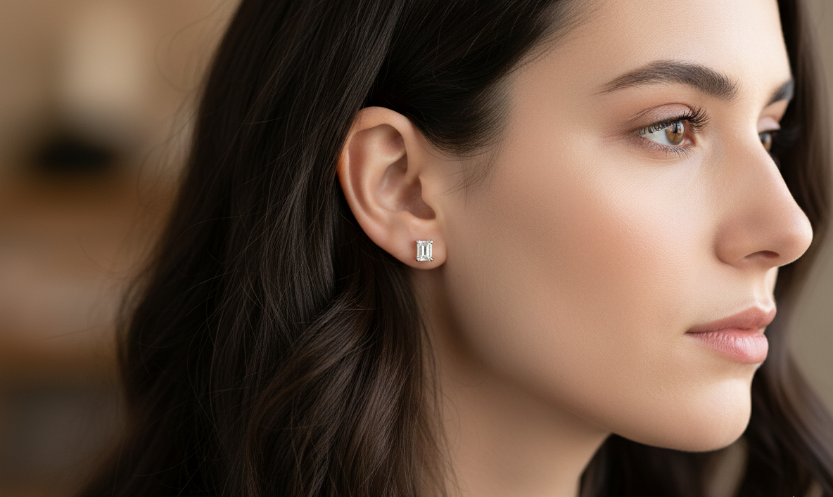 A pair of emerald cut diamond earrings