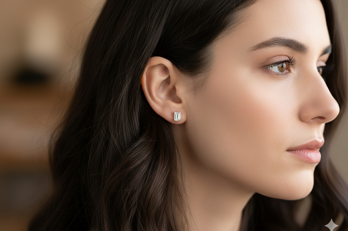 A pair of emerald cut diamond earrings