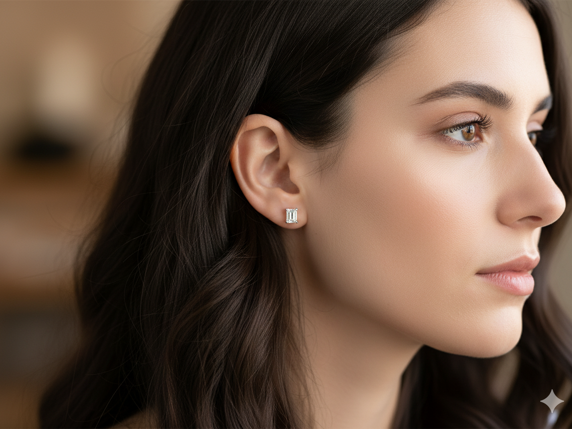 A pair of emerald cut diamond earrings
