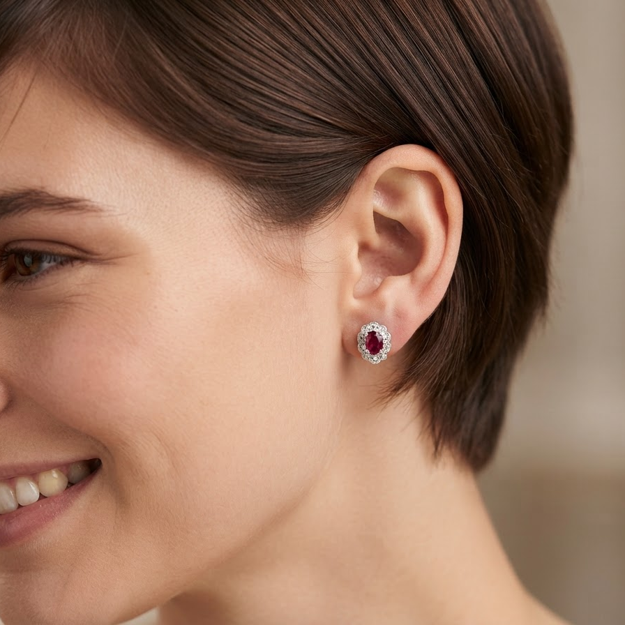 model A pair of white gold earrings, each set with an oval ruby 6x4.9mm (est 0.60 carats) complimented by an outer halo of ten 1.5mm diamonds