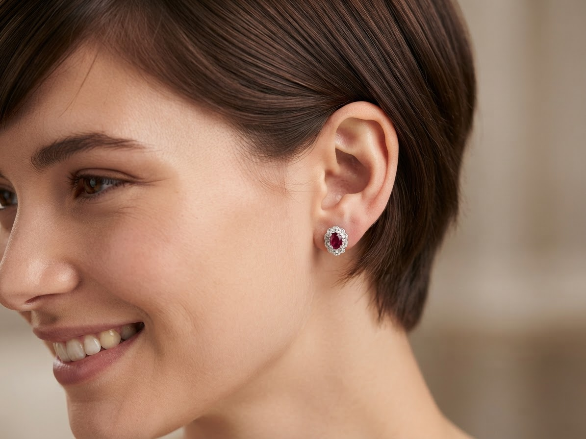 model A pair of white gold earrings, each set with an oval ruby 6x4.9mm (est 0.60 carats) complimented by an outer halo of ten 1.5mm diamonds