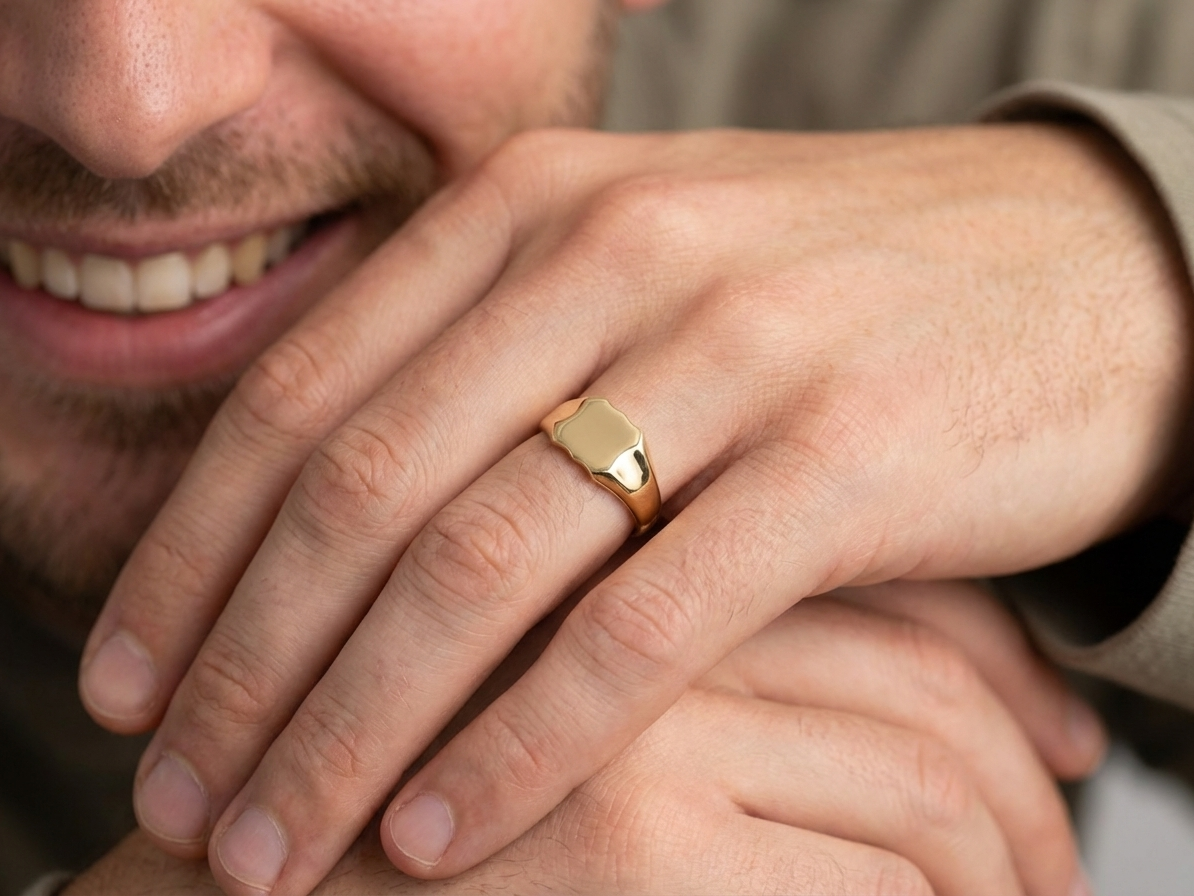 model A plain 9 carat gold* gentleman's signet ring. Polished face