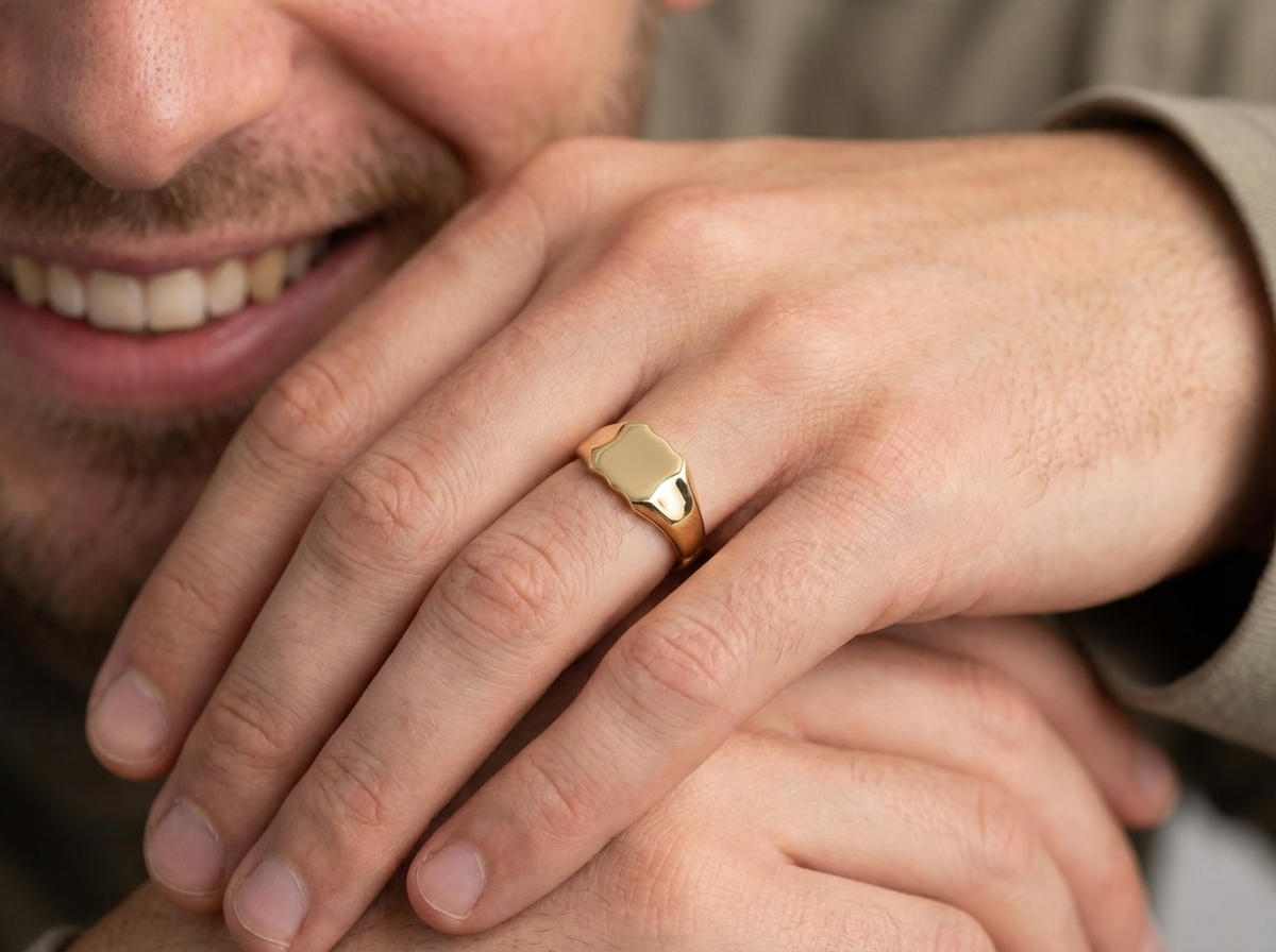 model A plain 9 carat gold* gentleman's signet ring. Polished face
