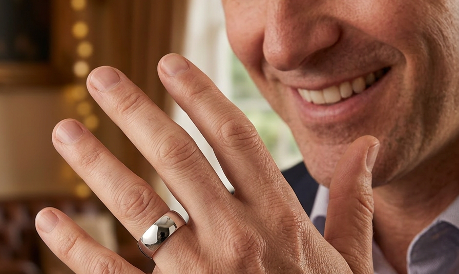 model A plain 9 carat white gold wedding ring. Suited to male or female wear,