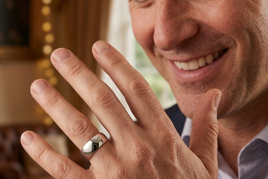 model A plain 9 carat white gold wedding ring. Suited to male or female wear,