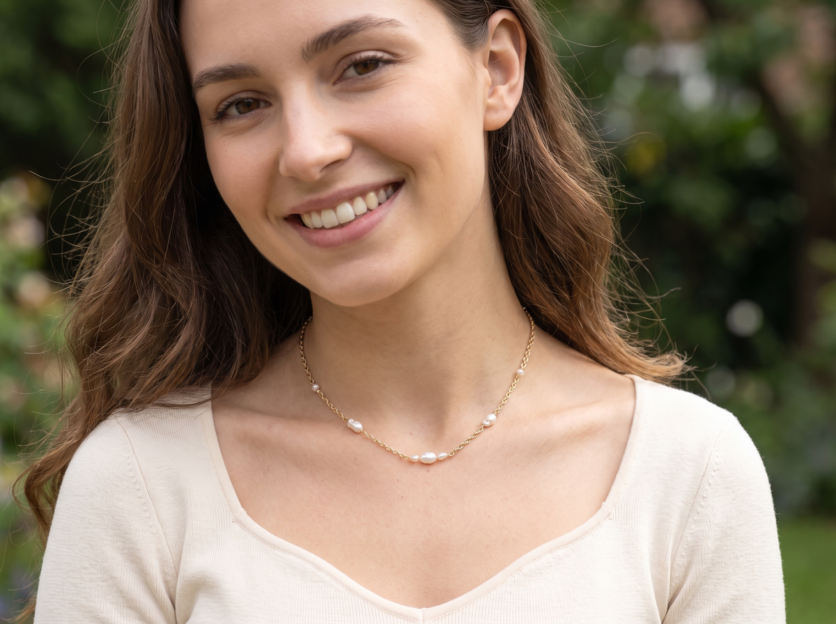 A smiling woman with long brown hair wearing a delicate gold chain necklace with small white pearl-like beads, photographed outdoors against a blurred green background.