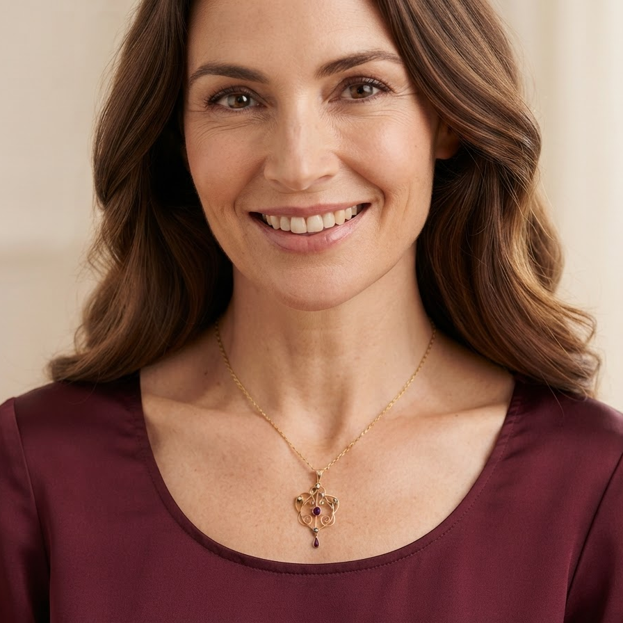 model A pretty early 20th century pendant. Openwork design with a round garnet to the centre, measures 5.6mm, mille grain setting.