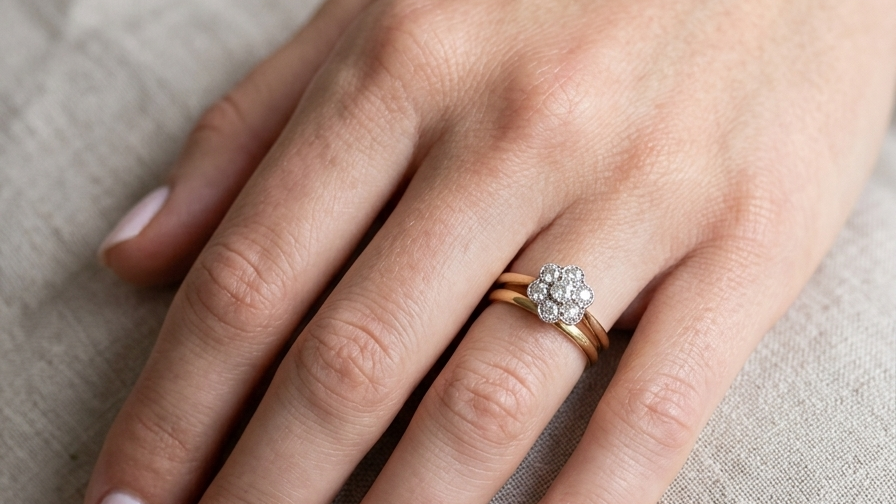 model A pretty vintage daisy cluster ring. Set with seven old brilliant cut white diamonds, each 3mm (total est 0.70 carats)
