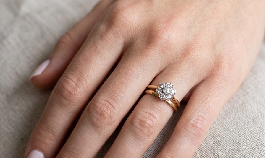 model A pretty vintage daisy cluster ring. Set with seven old brilliant cut white diamonds, each 3mm (total est 0.70 carats)