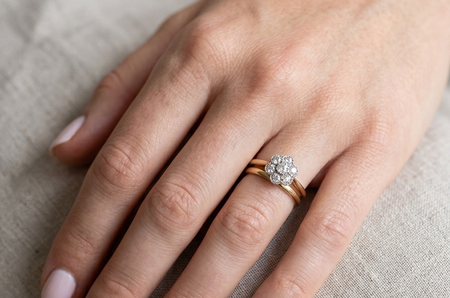 model A pretty vintage daisy cluster ring. Set with seven old brilliant cut white diamonds, each 3mm (total est 0.70 carats)