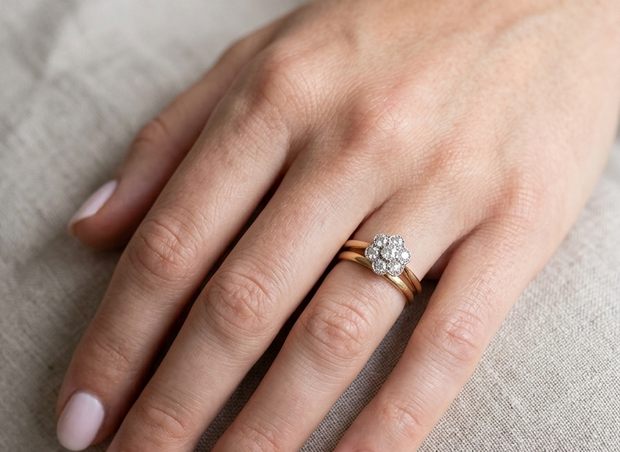 model A pretty vintage daisy cluster ring. Set with seven old brilliant cut white diamonds, each 3mm (total est 0.70 carats)
