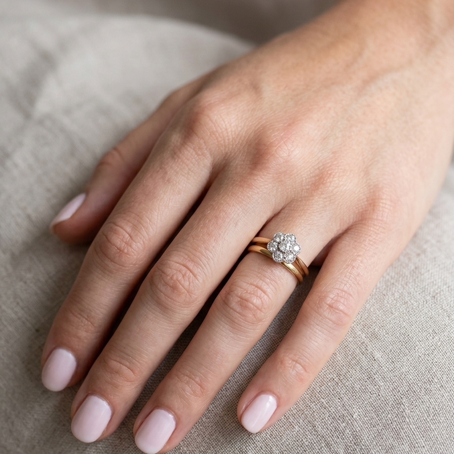 model A pretty vintage daisy cluster ring. Set with seven old brilliant cut white diamonds, each 3mm (total est 0.70 carats)