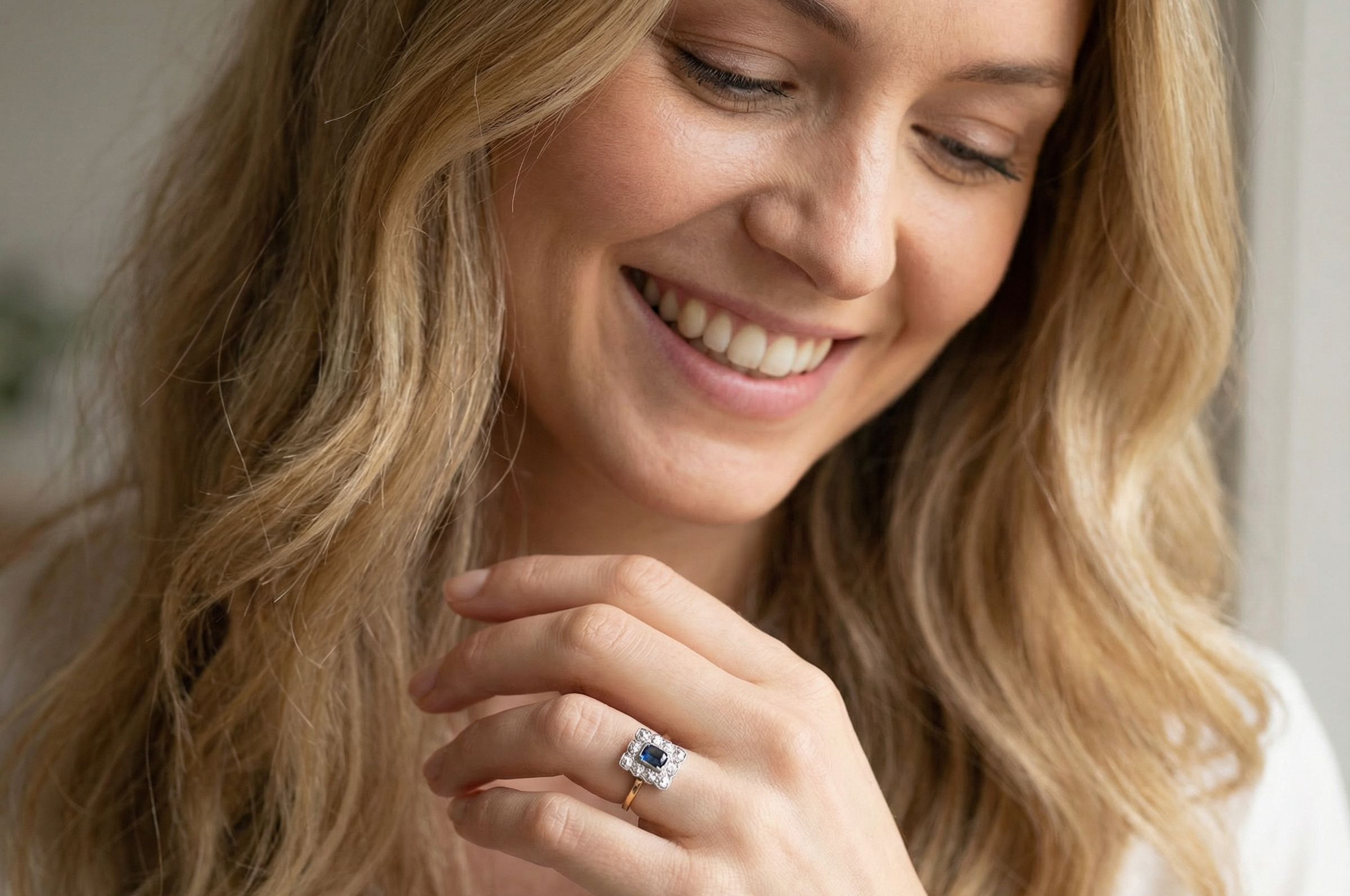 model A rectangular cluster ring that features in its centre a cushion shaped dark blue sapphire, that measures 5x3.5mm (est 0.30 carats)