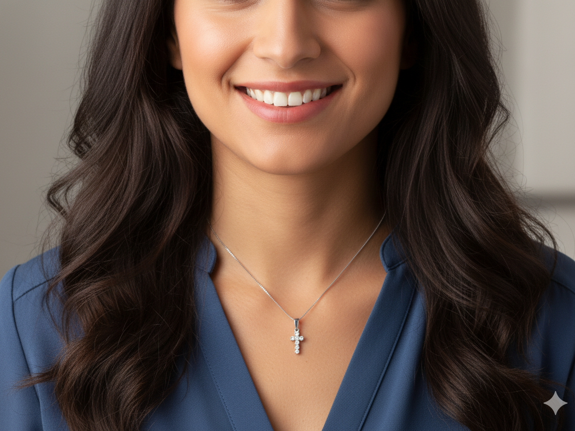 model A small cross pendant in 18 carat white gold, set with seven brilliant-cut white diamonds.