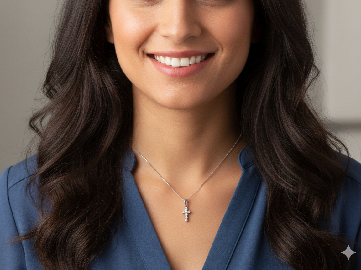 model A small cross pendant in 18 carat white gold, set with seven brilliant-cut white diamonds.