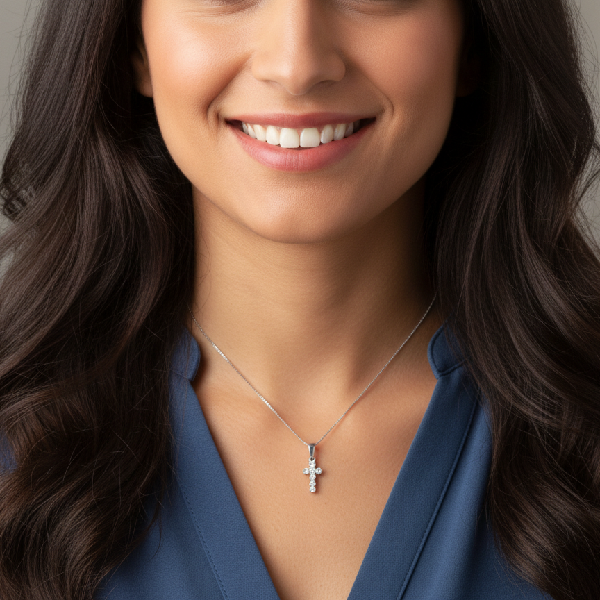 model A small cross pendant in 18 carat white gold, set with seven brilliant-cut white diamonds.