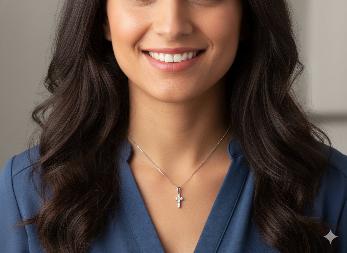 model A small cross pendant in 18 carat white gold, set with seven brilliant-cut white diamonds.