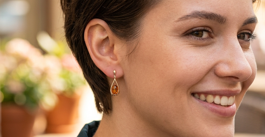model A smart pair of drop earrings, each containing an oval amber stone, measures 12x8mm. 