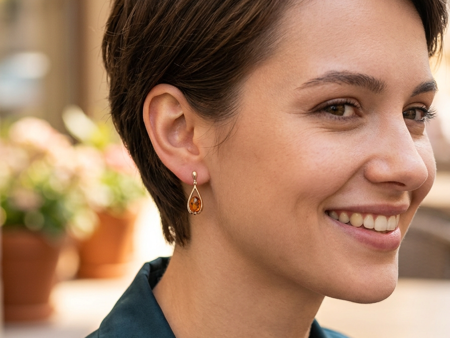 model A smart pair of drop earrings, each containing an oval amber stone, measures 12x8mm. 