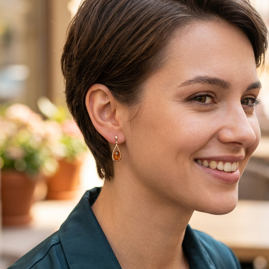 model A smart pair of drop earrings, each containing an oval amber stone, measures 12x8mm. 