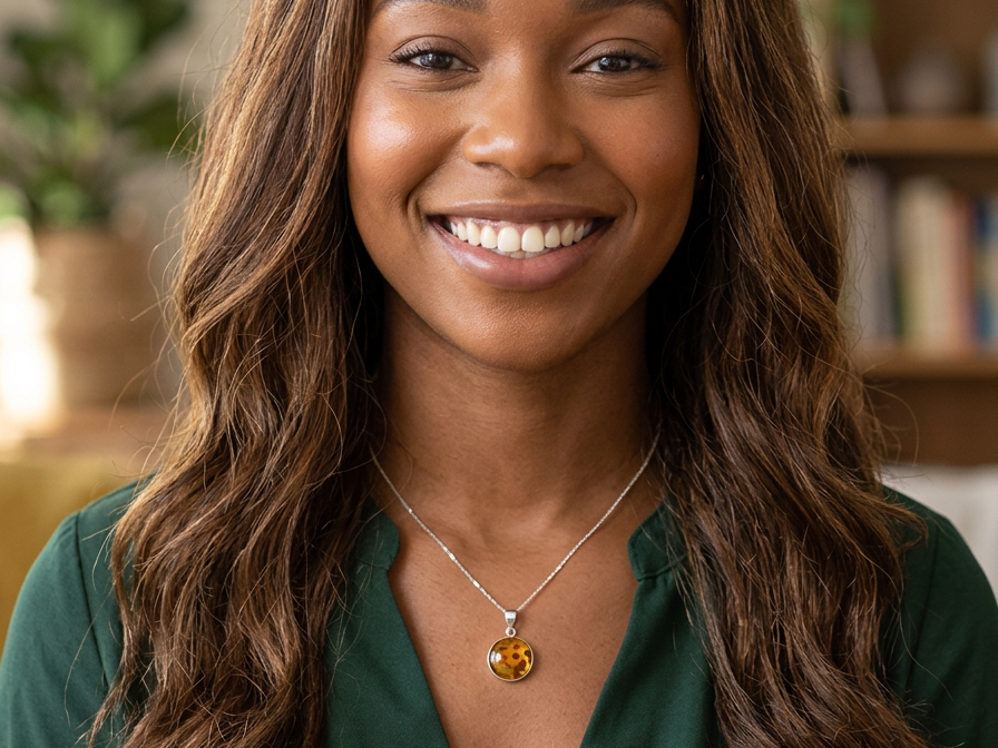 model A sterling silver pendant. Features a large circular amber stone, diameter 25mm