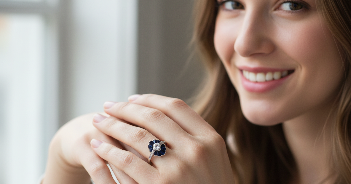 model A striking and highly unusual Art Deco cluster ring featuring a distinctive fan-shaped design.