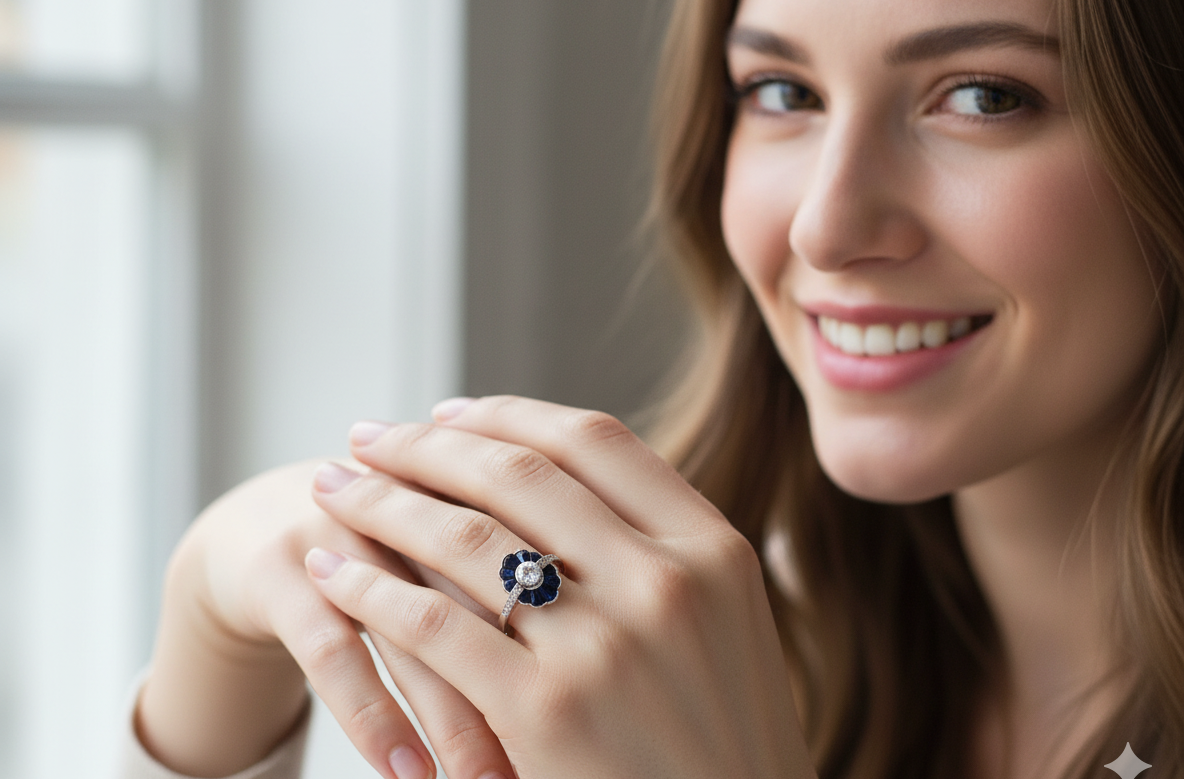 model A striking and highly unusual Art Deco cluster ring featuring a distinctive fan-shaped design.