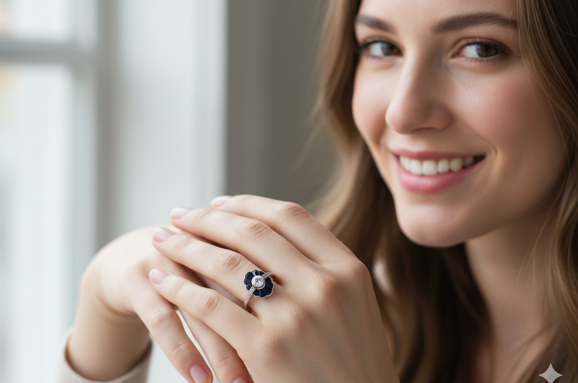model A striking and highly unusual Art Deco cluster ring featuring a distinctive fan-shaped design.