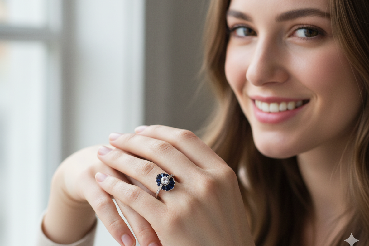 model A striking and highly unusual Art Deco cluster ring featuring a distinctive fan-shaped design.