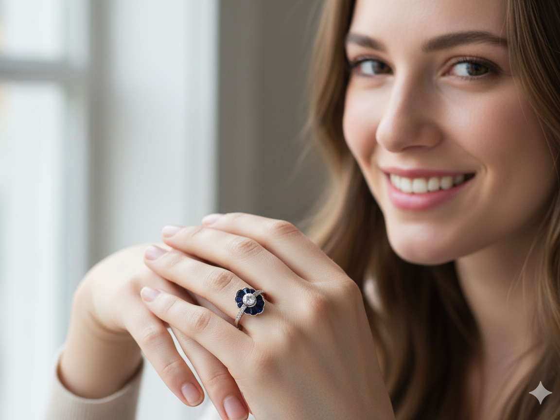 model A striking and highly unusual Art Deco cluster ring featuring a distinctive fan-shaped design.