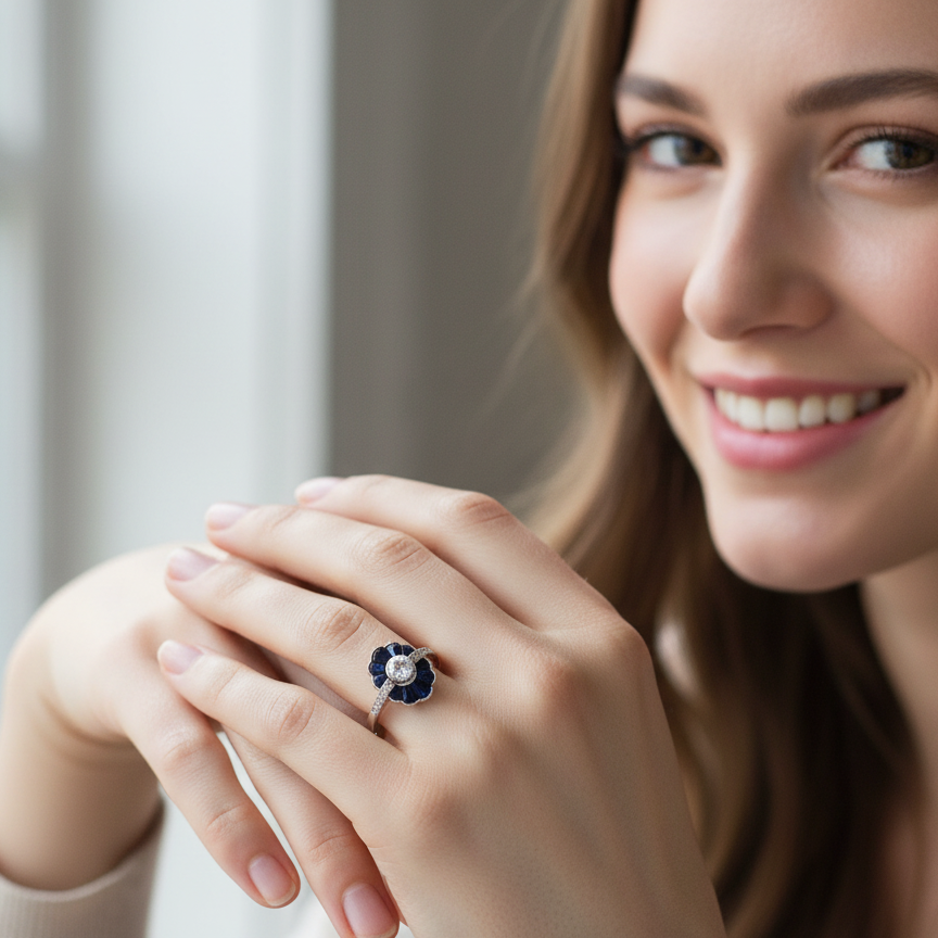 model A striking and highly unusual Art Deco cluster ring featuring a distinctive fan-shaped design.