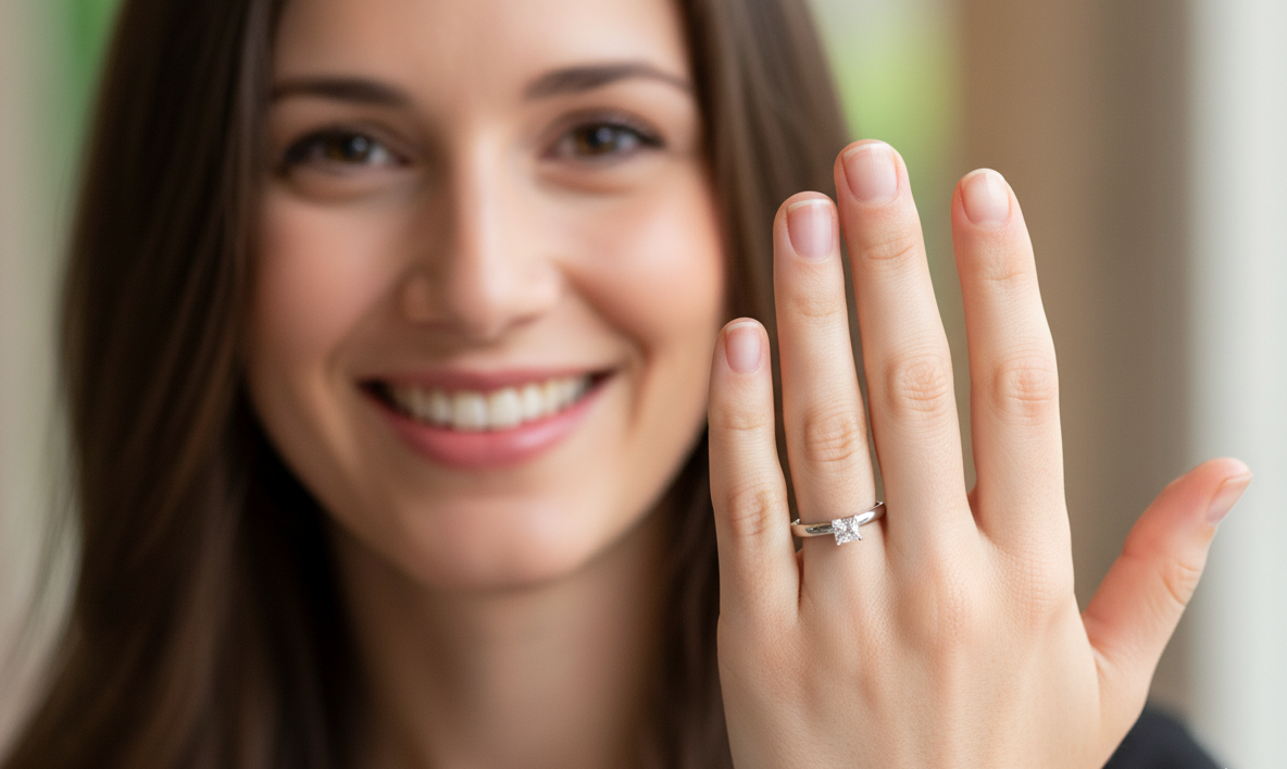 model A timeless and beautifully crafted solitaire ring featuring a stunning 0.78 carat Princess-cut white diamond