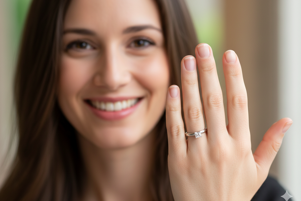 model A timeless and beautifully crafted solitaire ring featuring a stunning 0.78 carat Princess-cut white diamond