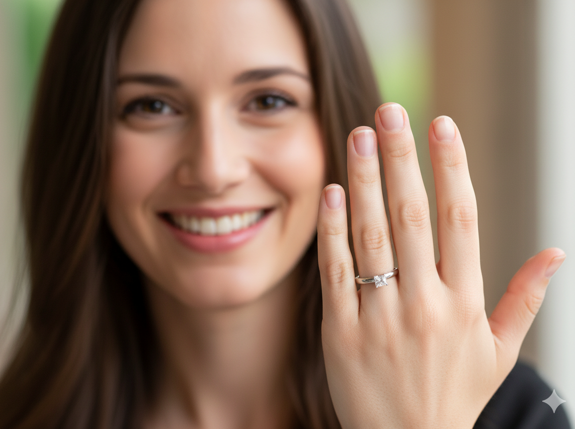 model A timeless and beautifully crafted solitaire ring featuring a stunning 0.78 carat Princess-cut white diamond