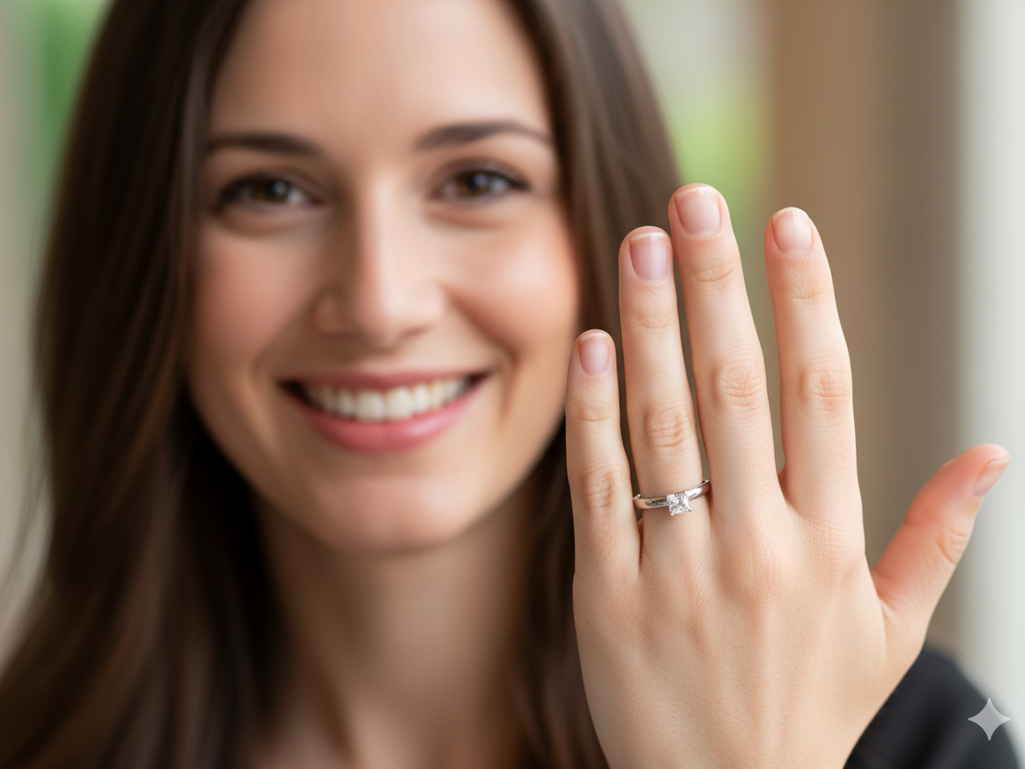 model A timeless and beautifully crafted solitaire ring featuring a stunning 0.78 carat Princess-cut white diamond