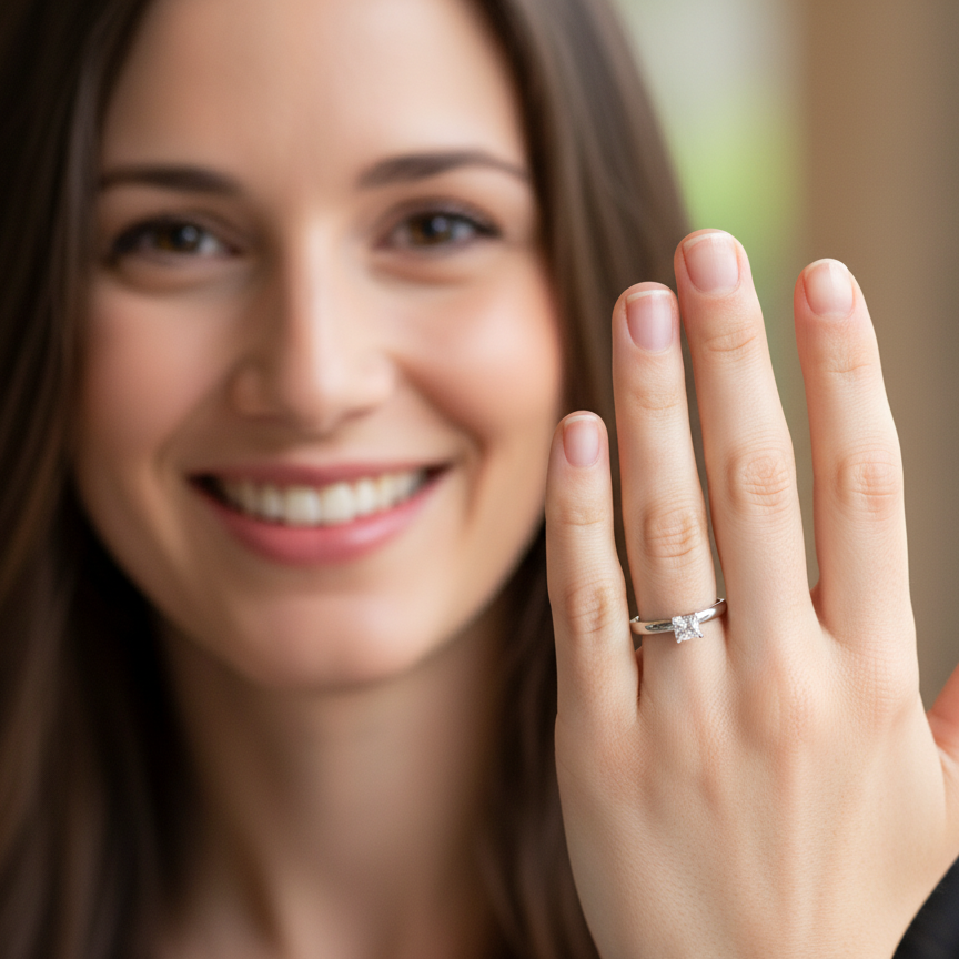 model A timeless and beautifully crafted solitaire ring featuring a stunning 0.78 carat Princess-cut white diamond