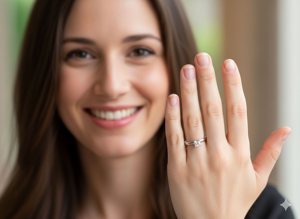 model A timeless and beautifully crafted solitaire ring featuring a stunning 0.78 carat Princess-cut white diamond