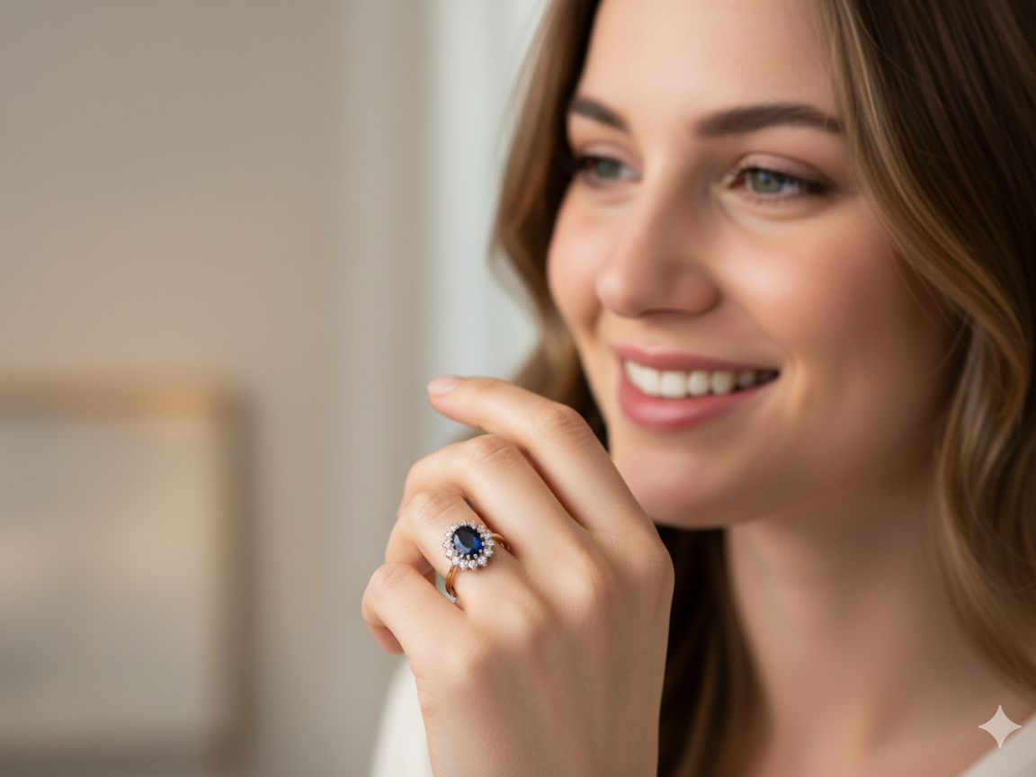 model A timeless cluster ring featuring a deep ink-black blue sapphire