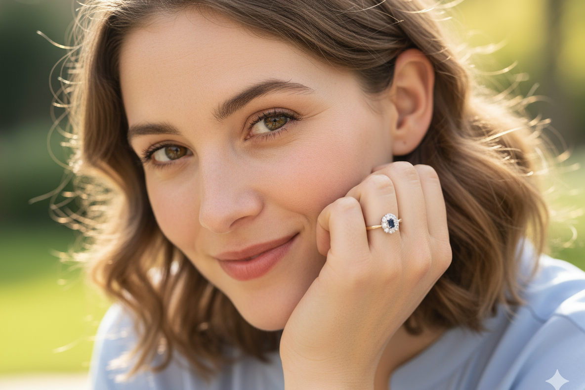 model A traditional 1970s cluster ring featuring a rectangular-cut sapphire,