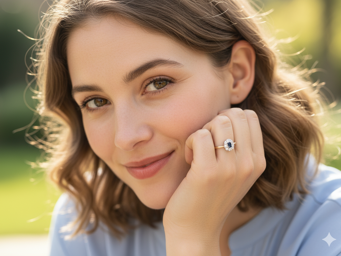 model A traditional 1970s cluster ring featuring a rectangular-cut sapphire,