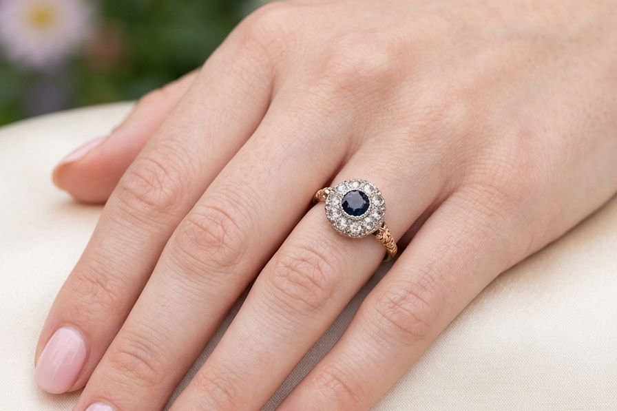 model A vintage Sapphire and Diamond cluster ring early 20th century