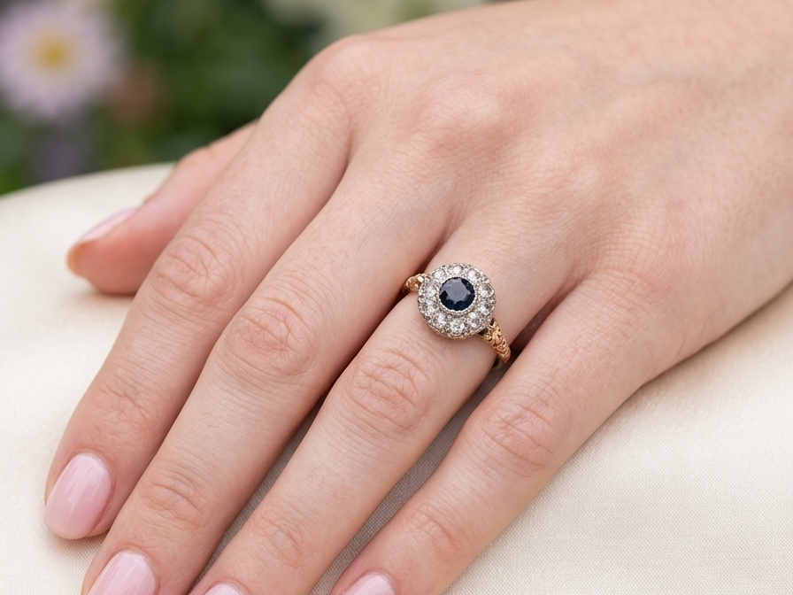 model A vintage Sapphire and Diamond cluster ring early 20th century