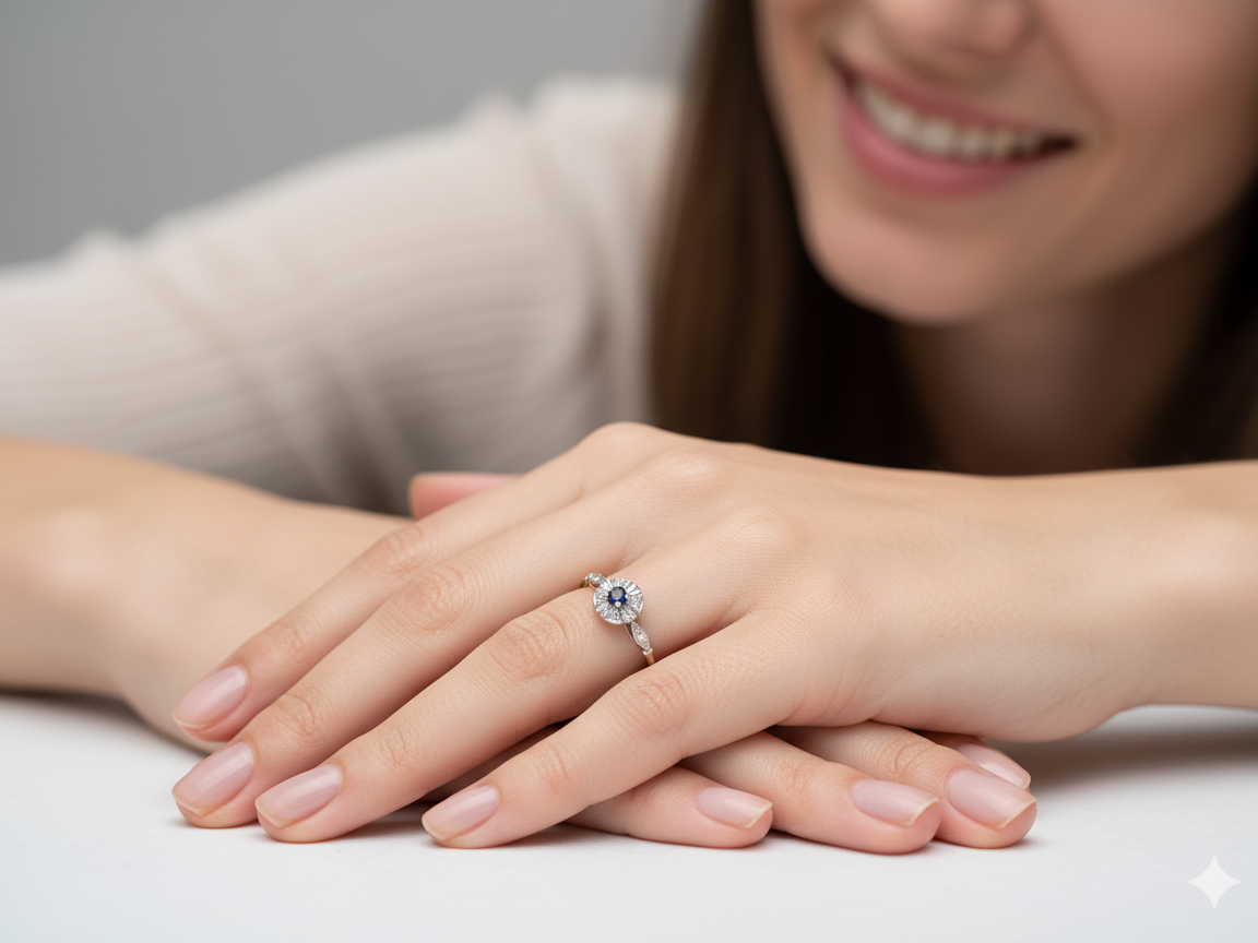 model A vintage cluster ring featuring a deep black-blue sapphire