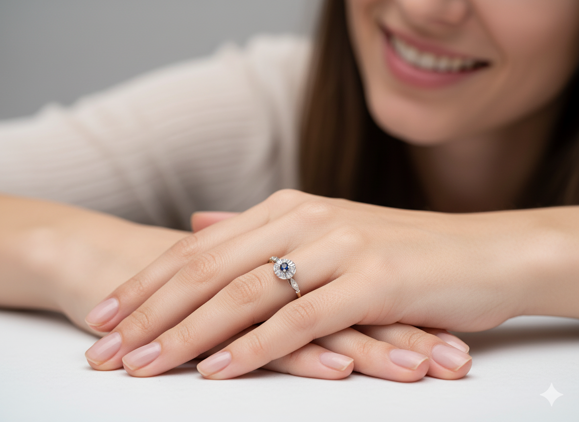 model A vintage cluster ring featuring a deep black-blue sapphire