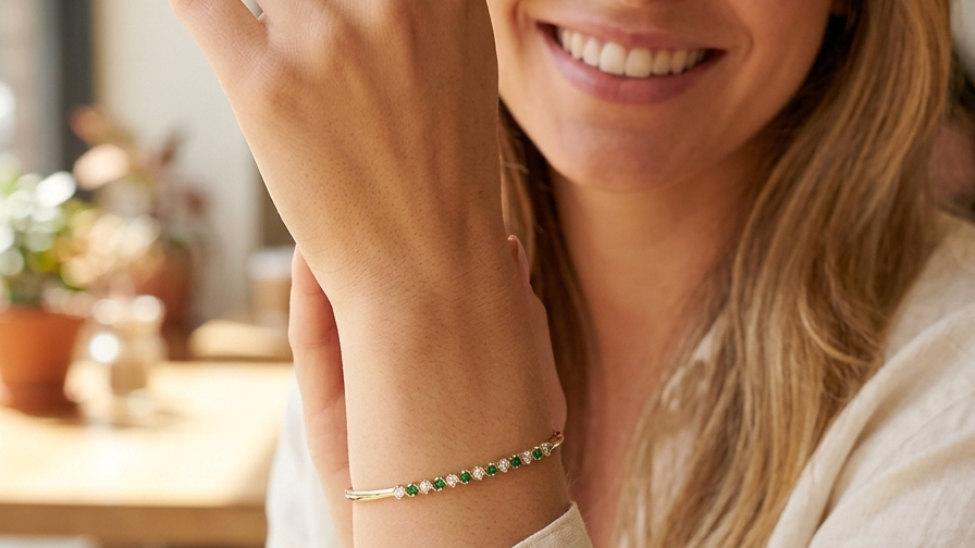 model A yellow gold bangle. Features alternate emeralds and diamonds. Six 2.7mm emeralds and seven brilliant cut white diamonds, each 2.7mm (total diamond total 0.50 carats)