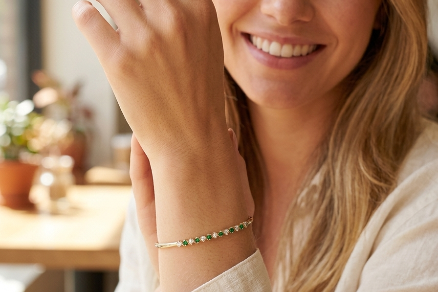 model A yellow gold bangle. Features alternate emeralds and diamonds. Six 2.7mm emeralds and seven brilliant cut white diamonds, each 2.7mm (total diamond total 0.50 carats)