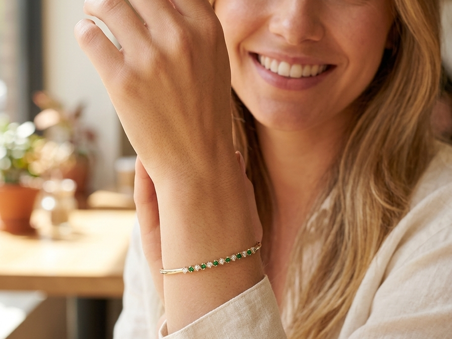 model A yellow gold bangle. Features alternate emeralds and diamonds. Six 2.7mm emeralds and seven brilliant cut white diamonds, each 2.7mm (total diamond total 0.50 carats)
