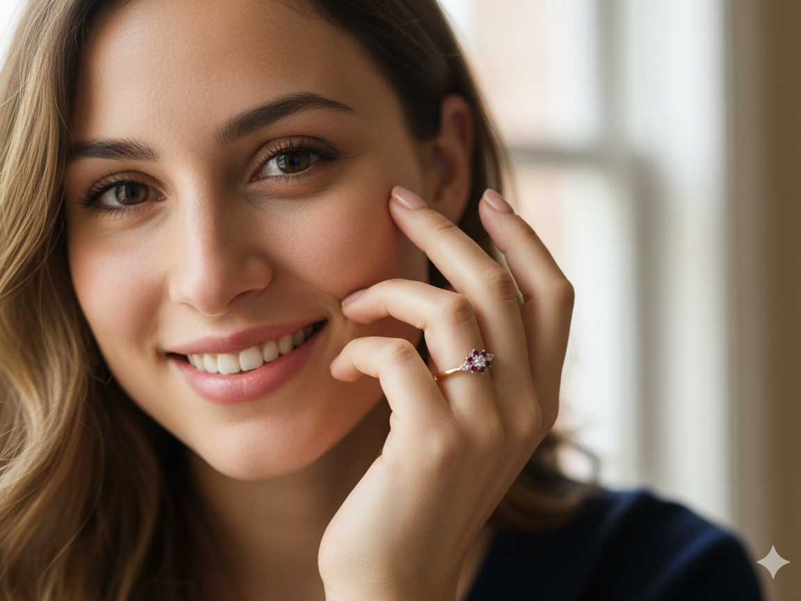 A Dainty Yellow Gold Diamond and Ruby Cluster Ring