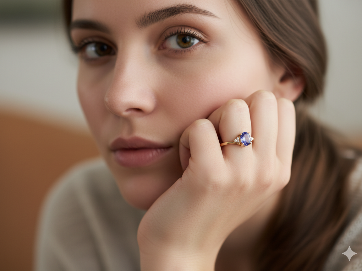An pretty 18 carat Yellow Gold Tanzanite and Diamond Ring