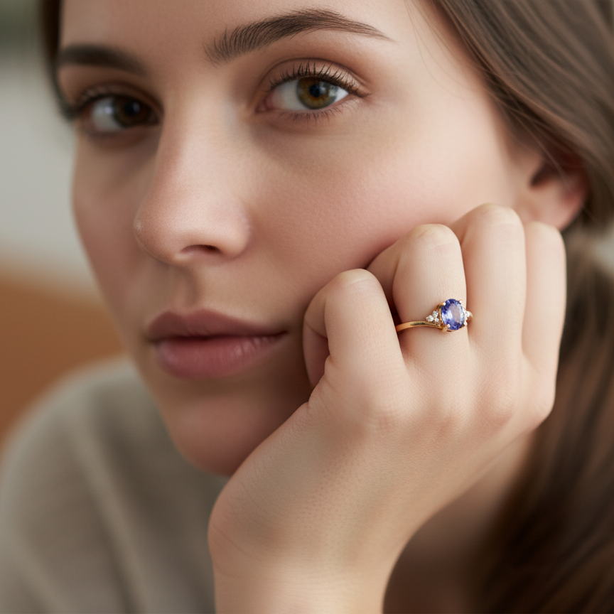 An pretty 18 carat Yellow Gold Tanzanite and Diamond Ring